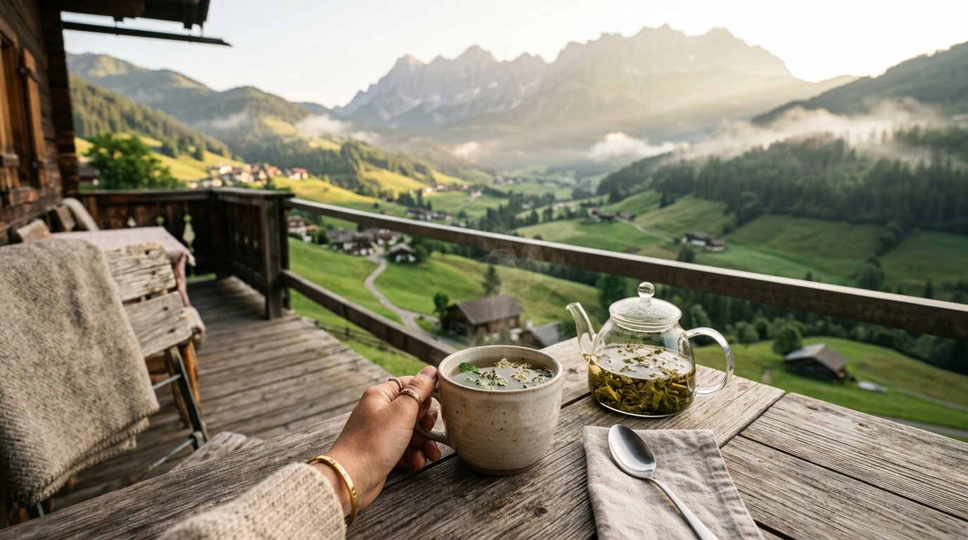 Morgendliche Wellness-Routine in den österreichischen Alpen