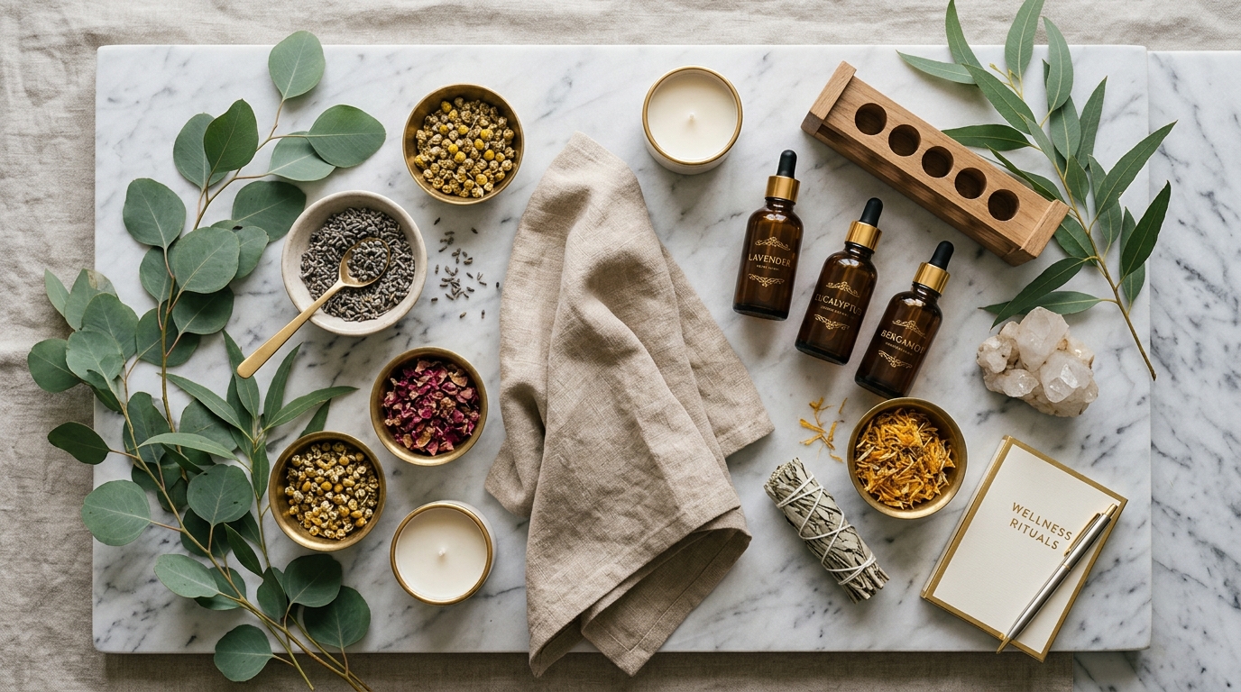 Natürliche Wellness-Produkte auf Holzoberfläche